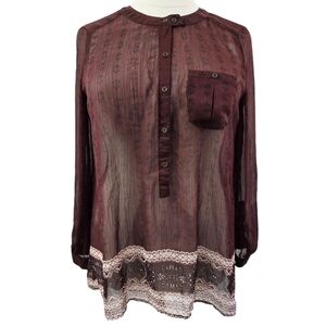 Knox Rose Maroon Sheer Collarless Long Sleeve Henley Tunic Boho